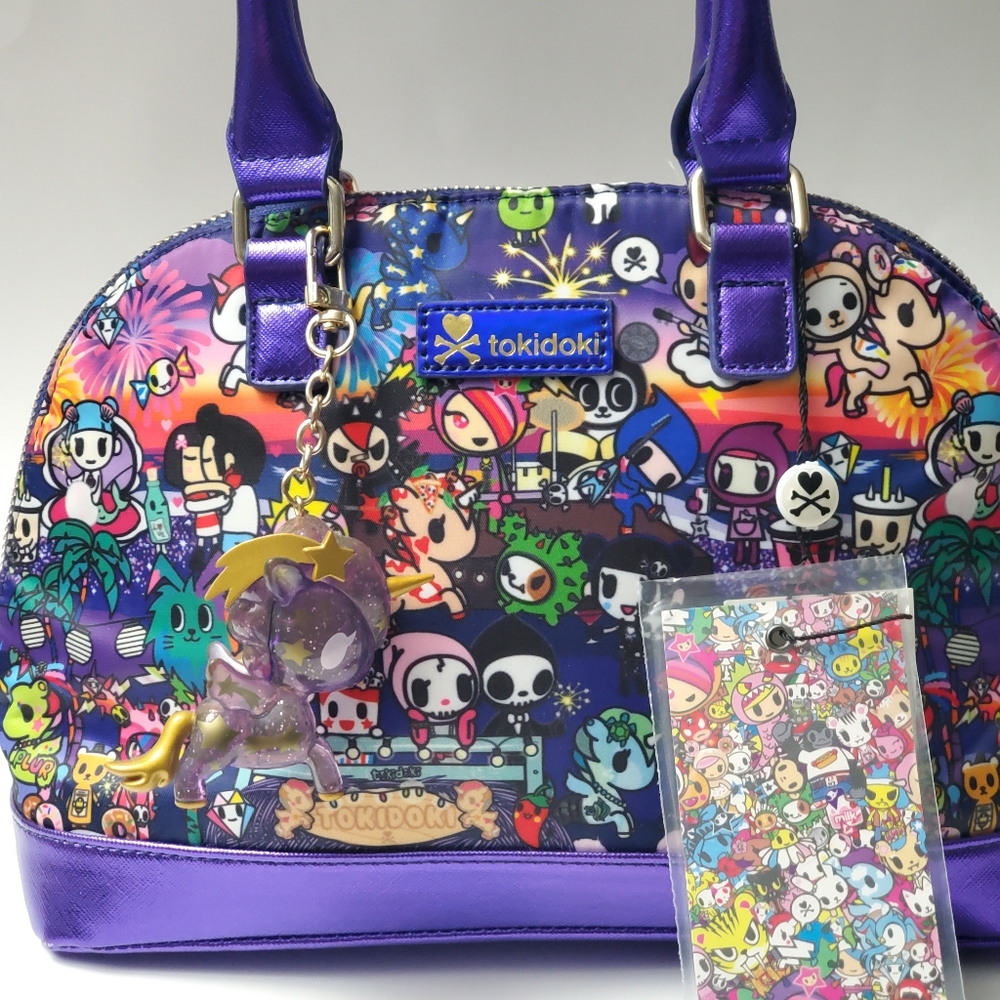 Tokidoki Dome Satchel Purse Purple Multicolor Character Print w/ Charm
